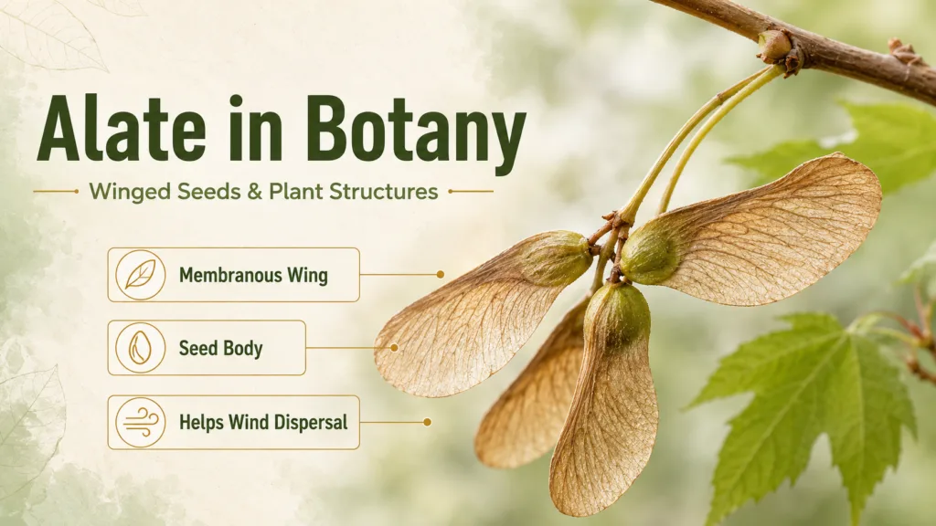 Alate in botany showcases winged seeds and plant structures aiding seed dispersal and plant reproduction.