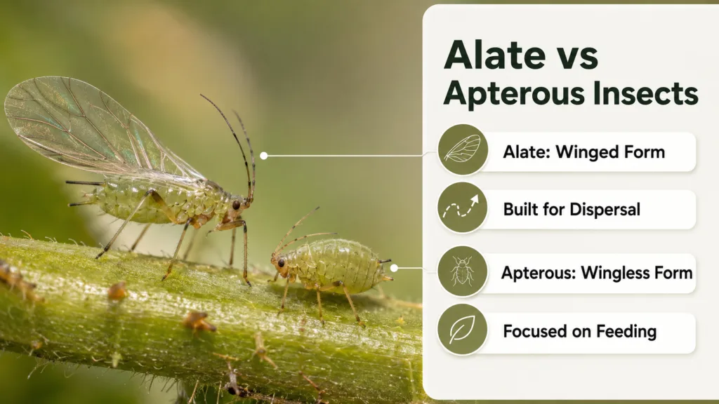 Alate versus apterous insects comparison showing key differences in wing presence and flight capability