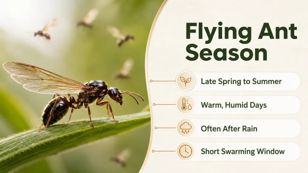 Flying ant season occurs in late spring and summer, with ants taking flight during warm, dry days after rainfall.