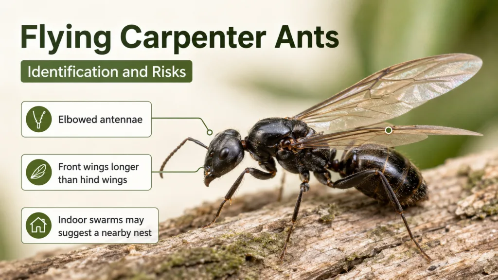 Flying carpenter ants can indicate a nearby nest and may pose a risk of wood damage in your home.