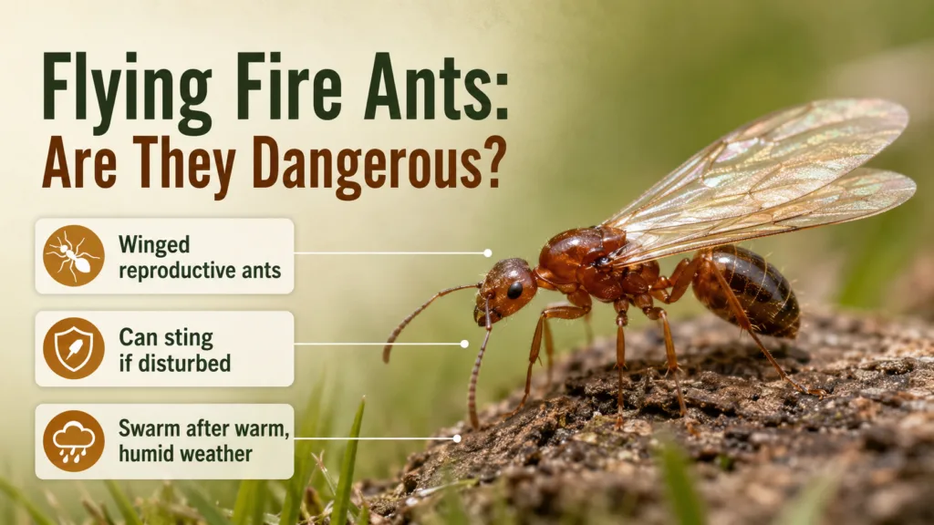Flying fire ants ready to swarm, showcasing their dangerous flying behavior in this close-up image.