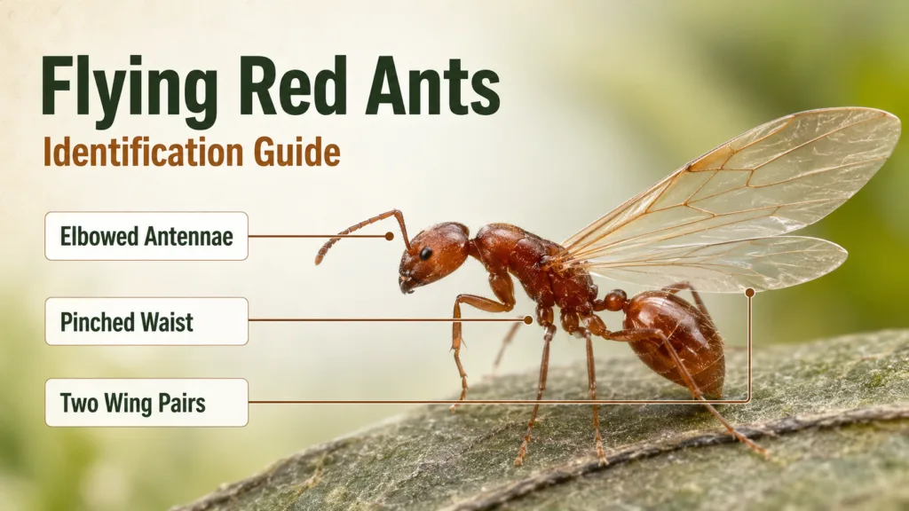 Flying red ants identification guide showing a close-up of a reddish-brown ant with wings on a natural background.