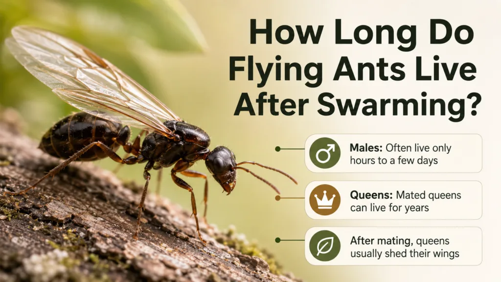 Flying ants live for a few days after swarming, with queens lasting longer than worker ants, commonly seen during mating season.
