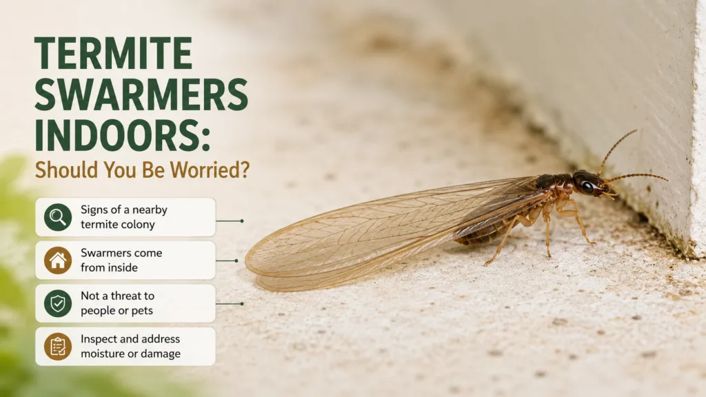 Termite swarmers indoors can indicate a nearby colony, so look out for signs of active termite activity inside your home.