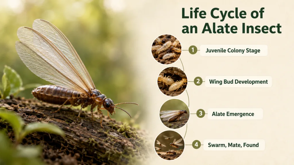 Juvenile alate insect developing through stages of its life cycle, including wing development and maturity in the alate insect life cycle.