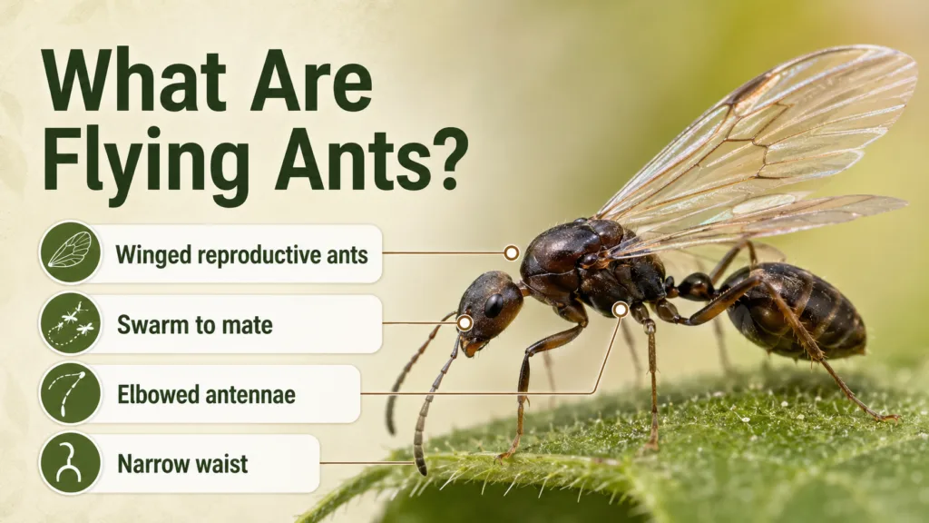Flying ants are winged ants during mating season, often triggered by warm weather or colony growth, making them easy to identify.
