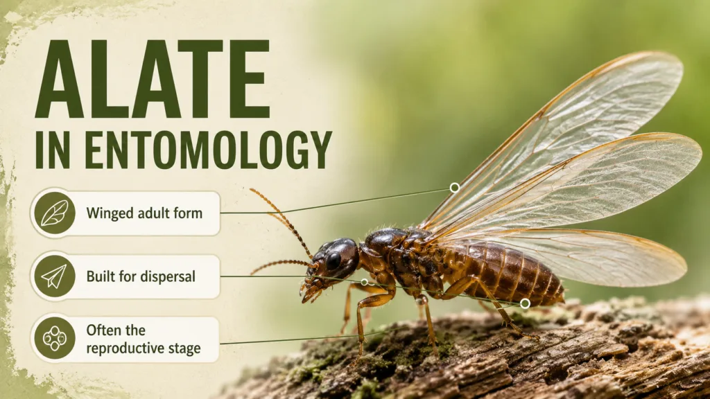 An alate termite showing wings, illustrating the meaning of alate in entomology for winged reproductive termites.