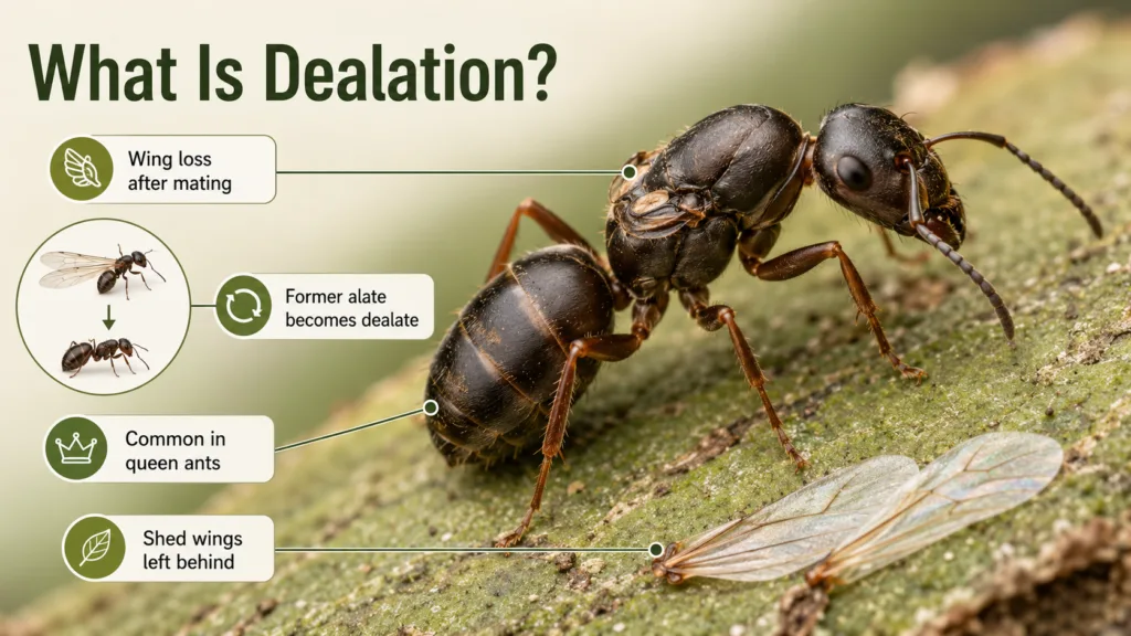 An ant undergoing dealation as it loses its wings to become a worker or queen insect