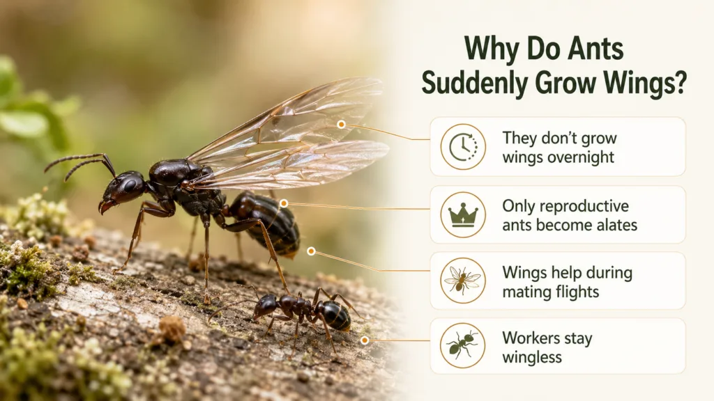 Ants suddenly grow wings during certain seasons to participate in swarming for reproduction.