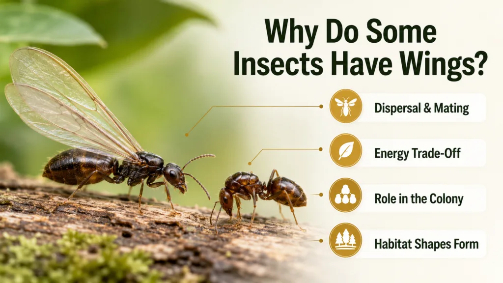 Why some insects have wings, showing flying ants and wingless ants side by side in a natural habitat.