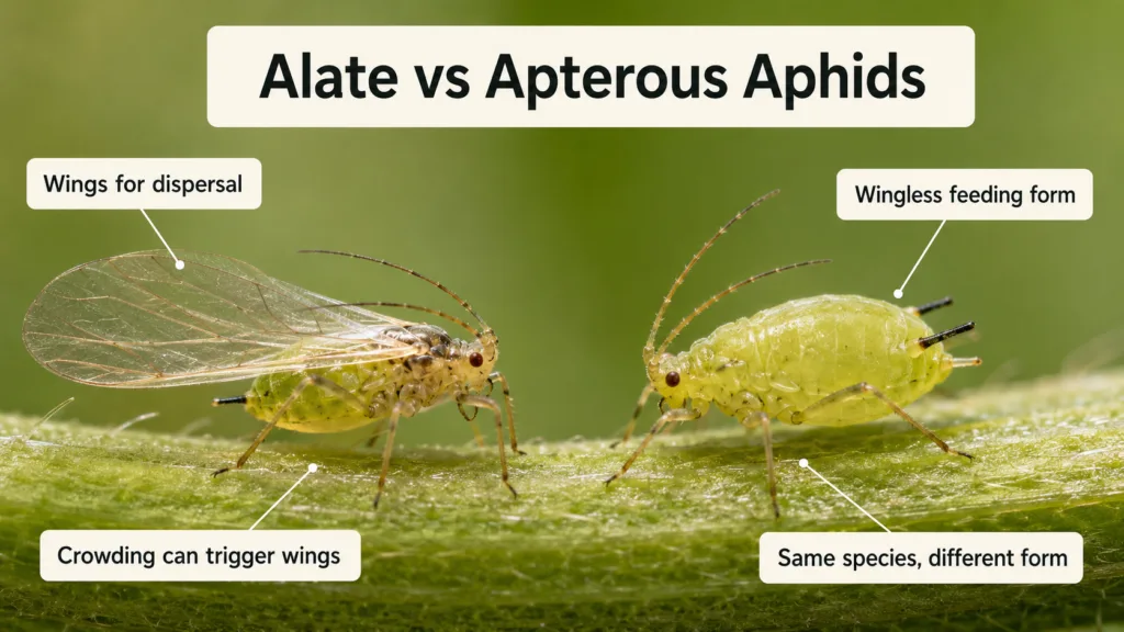 Alate vs Apterous Aphids: differences between winged and wingless aphids shown on green plant leaves.
