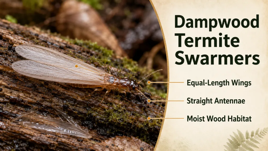 Dampwood termite swarmers emerge near wood, indicating potential wood damage and termite activity in the area.