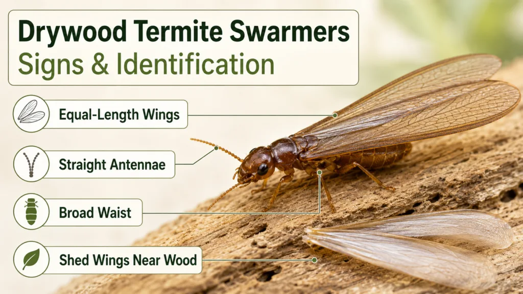 Drywood termite swarmers with wings, antennae, and elongated bodies are visible, indicating signs of drywood termite activity.
