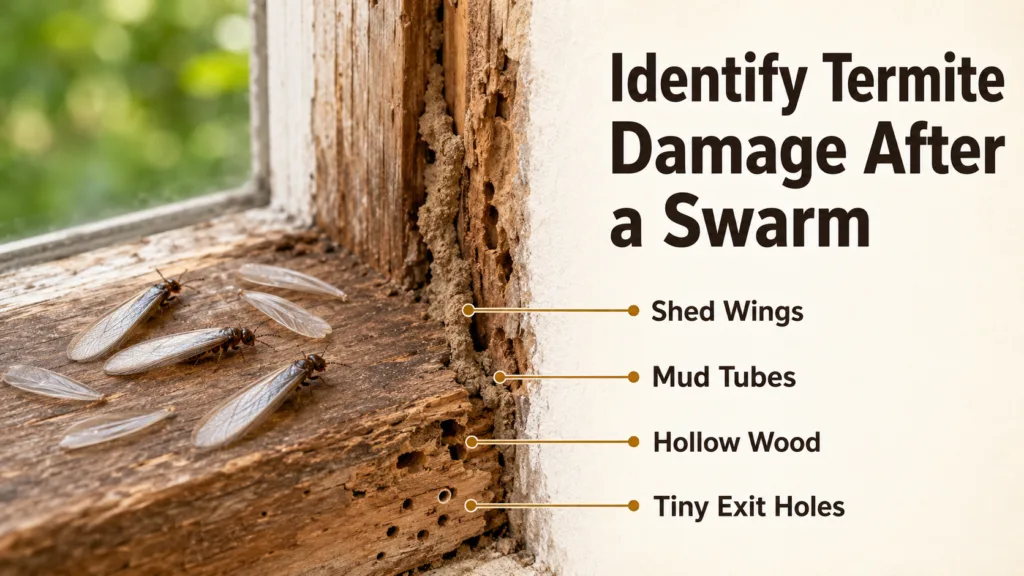 A close-up of wood with signs of termite damage, showing mud tubes and hollowed wood as part of how to identify termite damage after a swarm.
