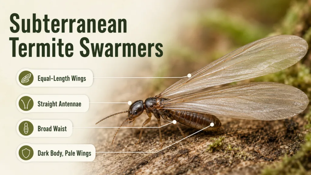 Subterranean termite swarmers with dark bodies and wings, commonly found near wood or soil, indicating a nearby termite infestation.