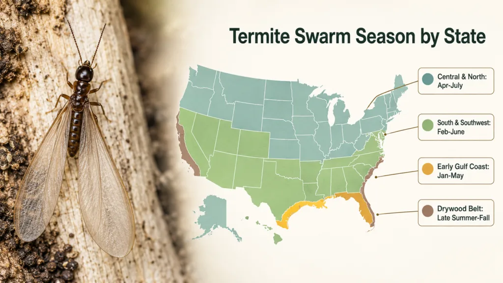 Termite swarm season by state map showing when termites are most active across the US