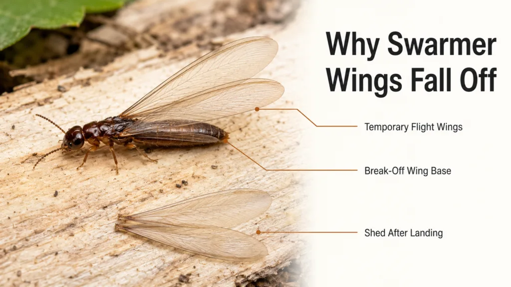 Termite swarmer wings fall off after flight to prevent future wing growth and conserve energy for colony establishment.