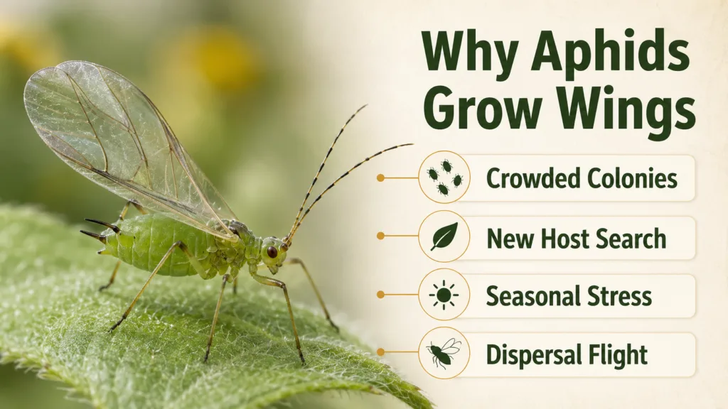 Why do aphids grow wings to escape crowded conditions and find new plants when resources are limited.