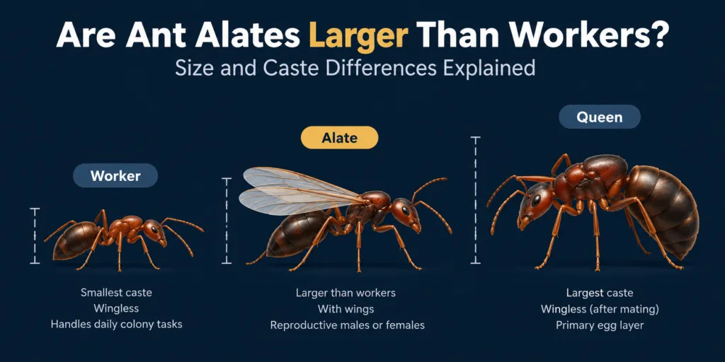 Ant alates are larger than workers, showing size and caste differences in ant colonies.