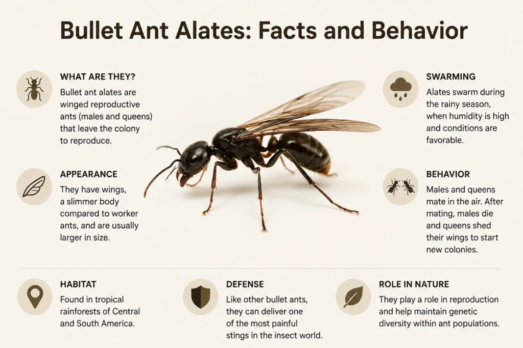 Bullet ant alates are shown in this detailed image highlighting their key features and behaviors.