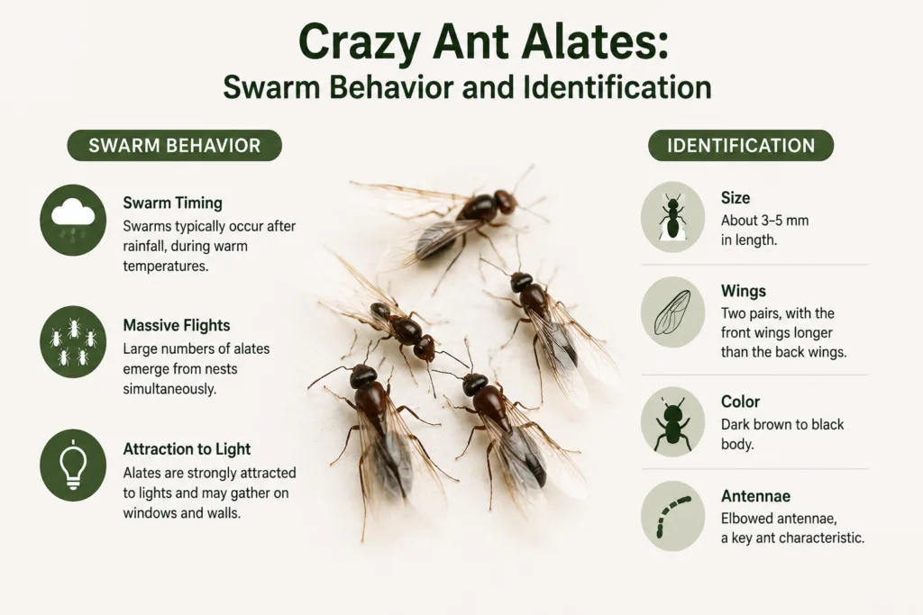 Crazy ant alates swarm during flight, showcasing their distinctive wing structure and colony reproduction behavior.