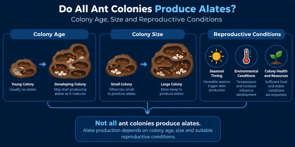 Ant colony with various sizes, illustrating whether all colonies produce alates based on age, size, and reproductive state.
