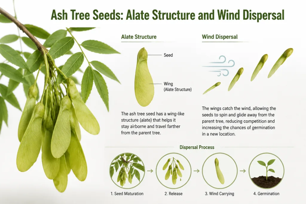 Ash tree seeds and their alate structure facilitate wind dispersal, helping the seeds travel far from the parent tree.