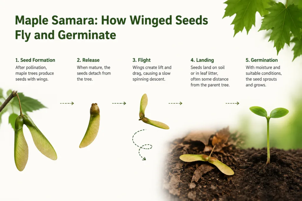 Maple Samara details how winged seeds fly and germinate, showing the seed's wings aiding in dispersal and early growth.