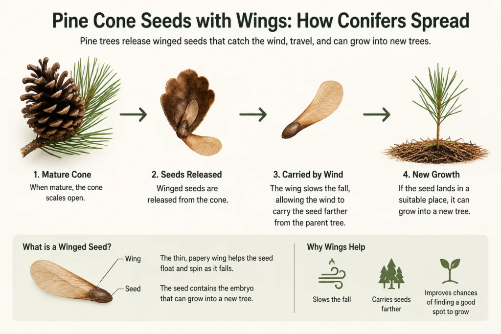 Pine cones releasing winged seeds to help conifers spread naturally across the landscape.